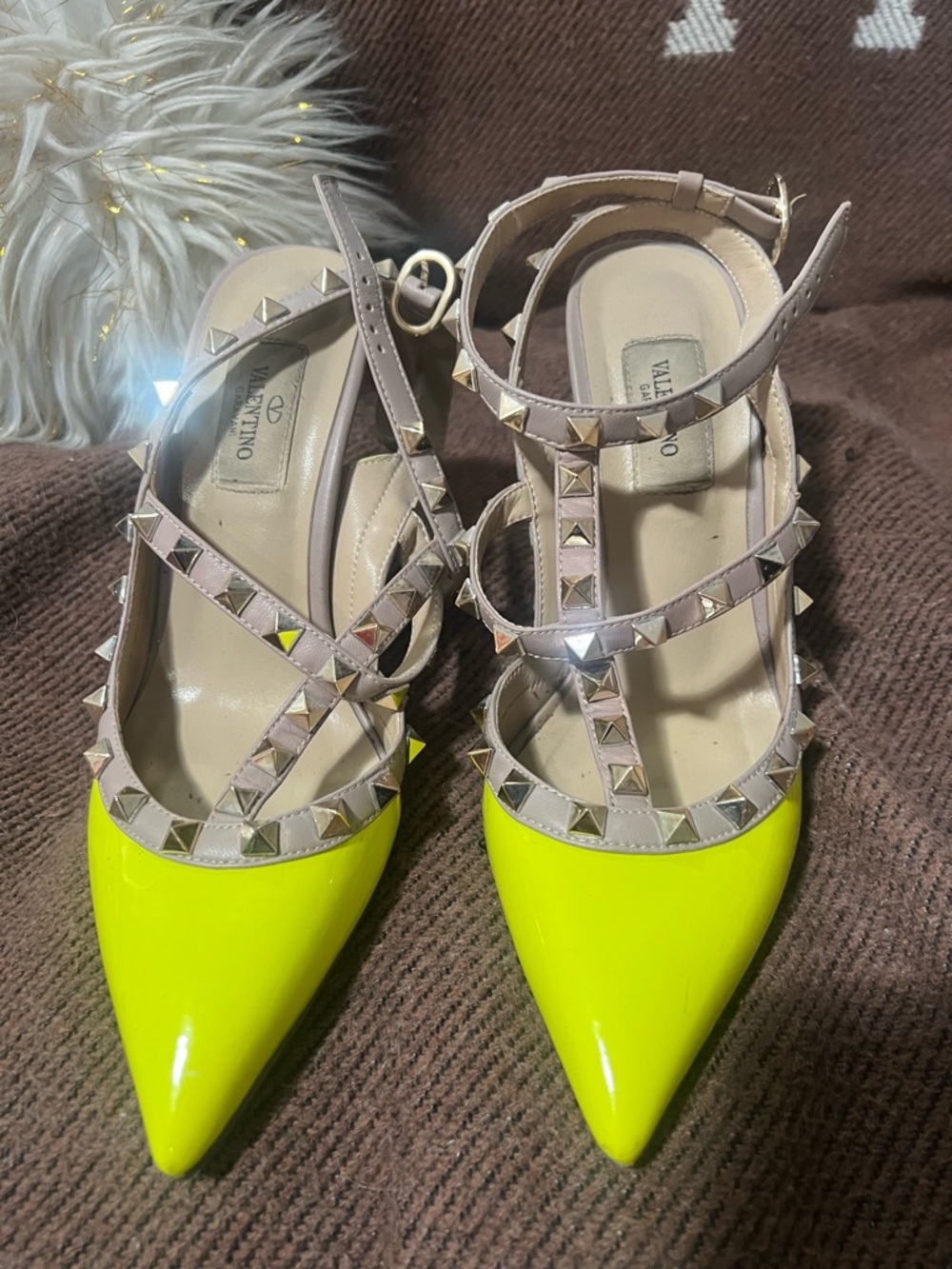 Valentino Neon Yellow Pointed Rockstud Strap Flats 7.5